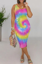 Multicolor Casual Ombre Rainbow Patchwork V Neck Wrapped Skirt Dresses