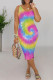 Multicolor Casual Ombre Rainbow Patchwork V Neck Wrapped Skirt Dresses