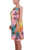 Colour Casual Print Pocket Patchwork O Neck Straight Dresses