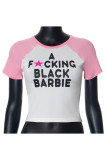 Powder White Casual Print Patchwork O Neck T-Shirts