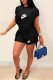 Black Casual Street Letter Print Tassel O Neck Short Sleeve Two Pieces