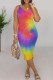 Rainbow Color Casual Ombre Rainbow Patchwork V Neck Wrapped Skirt Dresses