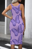 Ginger Casual Butterfly Print Contrast U Neck Printed Dresses