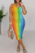 Red Casual Ombre Rainbow Patchwork V Neck Wrapped Skirt Dresses
