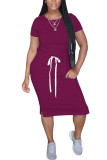 Pink Fashion Sweet Red Black Grey Blue Green Pink Yellow Light Blue fuchsia Light Green Cap Sleeve Short Sleeves O neck Pencil Dress Mid-Calf Solid Dresses