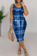 Blue White Casual Ombre Rainbow Patchwork V Neck Wrapped Skirt Dresses