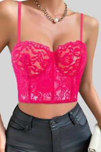Rose Red Sexy Solid Color Lace Patchwork Spaghetti Strap Tops