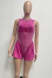 Rose Red Street Solid Color Zipper Patchwork O Neck Regular Rompers