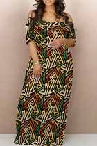 Colour Street Print Backless Patchwork Off Shoulder Long Dresses