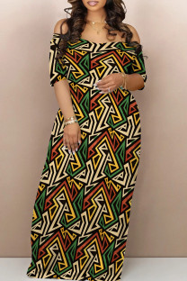 Colour Street Print Backless Patchwork Off Shoulder Long Dresses