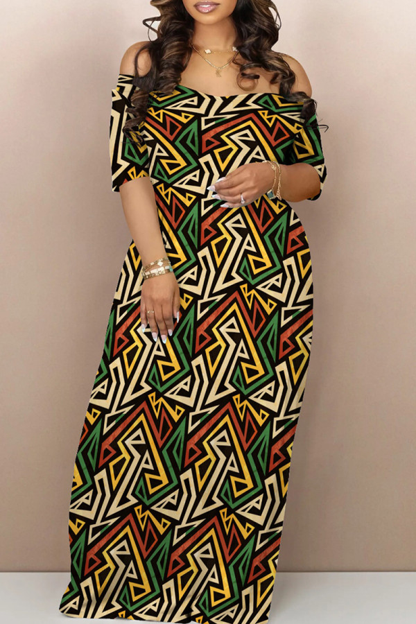 Colour Street Print Backless Patchwork Off Shoulder Long Dresses