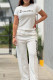 White Casual Letter Print Draw String Pocket Patchwork O Neck Short Sleeve Two Pieces