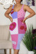 Blue Pink Cartoon Print Letter Print Fruit Print Patchwork U Neck Printed Dresses