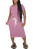 Pink Fashion Sweet Red Black Grey Blue Green Pink Yellow Light Blue fuchsia Light Green Cap Sleeve Short Sleeves O neck Pencil Dress Mid-Calf Solid Dresses
