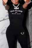 Black Casual Print Patchwork O Neck Short Sleeve Two Pieces