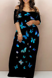 Rainbow Color Casual Butterfly Print Patchwork Off Shoulder Long Dresses