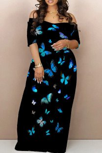 Black Casual Butterfly Print Patchwork Off Shoulder Long Dresses