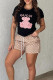 Light Pink Casual Print Draw String Pocket Patchwork O Neck Short Sleeve Two Pieces