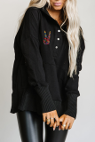 Black Casual Print Buckle Hooded Collar Tops