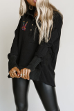 Black Casual Print Buckle Hooded Collar Tops