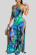 Blue Sexy Floral Print Hollow Out High Slit Patchwork Spaghetti Strap Loose Jumpsuits