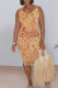 Orange Casual Letter Print Flowers V Neck Printed Dresses