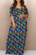 Blue Street Print Backless Patchwork Off Shoulder Long Dresses