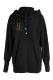 Black Casual Print Buckle Hooded Collar Tops