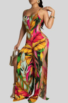 Red Sexy Floral Print Hollow Out High Slit Patchwork Spaghetti Strap Loose Jumpsuits
