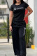 Black Casual Letter Print Draw String Pocket Patchwork O Neck Short Sleeve Two Pieces