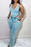 Light Blue Casual Solid Patchwork Draw String Pocket V Neck Sleeveless Two Pieces