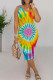 Yellow Casual Ombre Rainbow Patchwork V Neck Wrapped Skirt Dresses