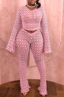 Pink Sexy Solid Color Hollow Out Patchwork O Neck Long Sleeve Two Pieces