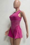 Rose Red Street Solid Color Zipper Patchwork O Neck Regular Rompers