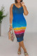 Dark Blue Casual Ombre Rainbow Patchwork V Neck Wrapped Skirt Dresses