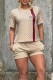 Camel Casual Letter Print Lace Up Patchwork O Neck Short Sleeve Two Pieces
