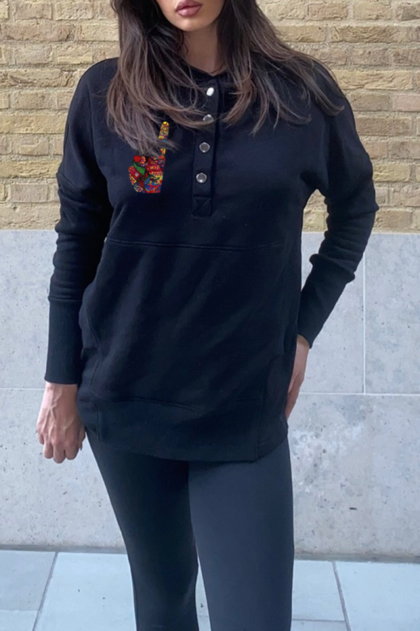 Black Casual Print Buckle Hooded Collar Tops
