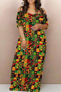 Multicolor Street Print Backless Patchwork Off Shoulder Long Dresses