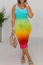 Blue Casual Ombre Rainbow Patchwork V Neck Wrapped Skirt Dresses