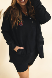 Black Casual Print Buckle Hooded Collar Tops