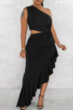 Black Sexy Solid Color Patchwork Ruffle Irregular Hem Oblique Collar Irregular Dresses