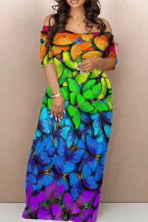 Rainbow Color Casual Butterfly Print Patchwork Off Shoulder Long Dresses