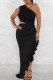 Black Sexy Solid Color Patchwork Ruffle Irregular Hem Oblique Collar Irregular Dresses