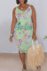 Green Casual Letter Print Flowers V Neck Printed Dresses