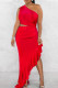 Red Sexy Solid Color Patchwork Ruffle Irregular Hem Oblique Collar Irregular Dresses