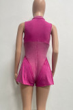 Rose Red Street Solid Color Zipper Patchwork O Neck Regular Rompers