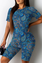 Blue Casual Print Patchwork O Neck Short Sleeve Two Pieces