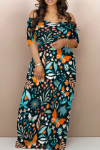 Malachite Green Casual Butterfly Print Patchwork Off Shoulder Long Dresses