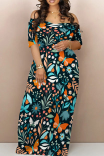Malachite Green Casual Butterfly Print Patchwork Off Shoulder Long Dresses