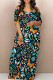 Malachite Green Casual Butterfly Print Patchwork Off Shoulder Long Dresses